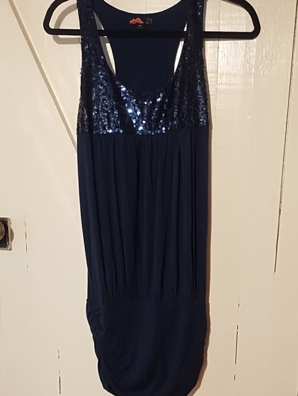 No. 21 Navy Sequin Bodice Midi Dress VGC Size Medium, Shirred Sides.